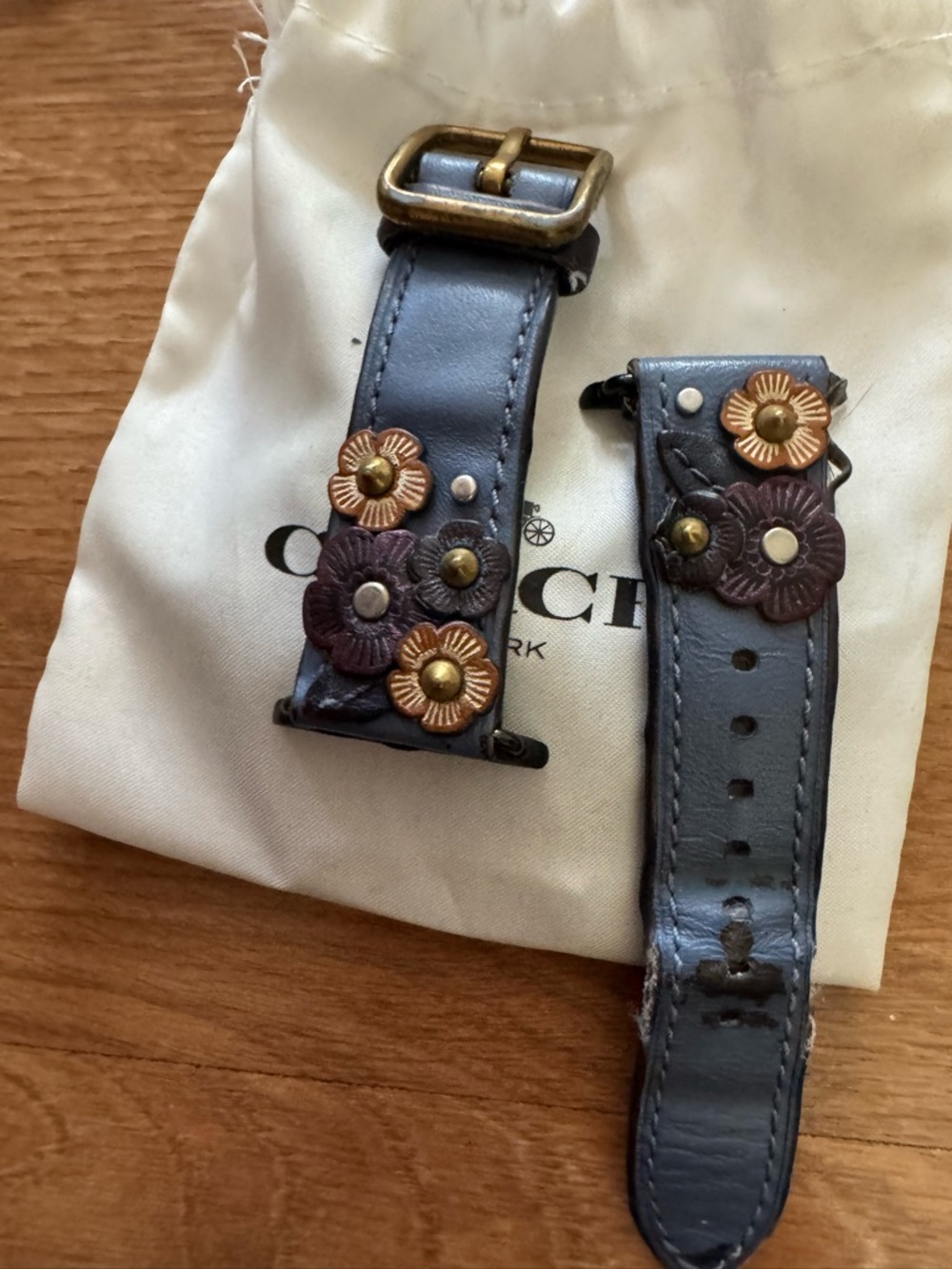 Coach Blue Leather Floral Studded Apple Watch Strap - Picture 2 of 3